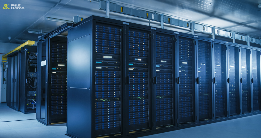 Modern data center with server racks and cabling during professional data center demolition services in New Jersey.